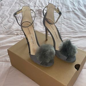 Grey heels with fuzz ball, size 8